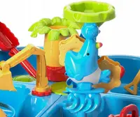 Masuta de joaca 2in1 pentru apa si nisip Matadi cu 4 cuve,scaunel si cupa excavator,moara de apa,jucarii incluse,dimensiune 58x58x60 cm