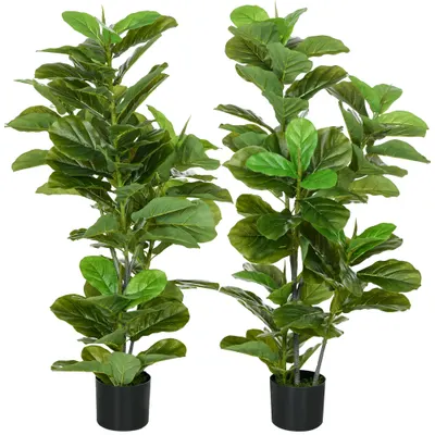 HOMCOM, Set de 2 plante artificiale Ficus Lyrata, arbori artificiali cu ghiveci inclus, înălțime 110 cm, verde | Aosom Romania