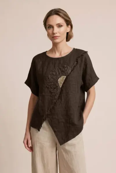 Bluza din in maro cu paiete si broderie, croi lejer asimetric, stil elegant natural