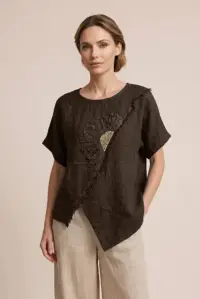 Bluza din in maro cu paiete si broderie, croi lejer asimetric, stil elegant natural