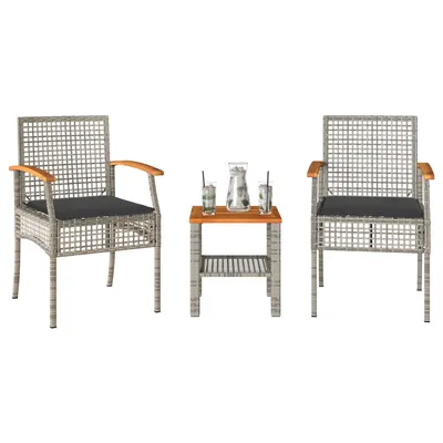 vidaXL Set bistro cu perne, 3 piese, gri, poliratan și lemn acacia