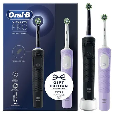Set de periuțe de dinți electrice Oral-B – Vitality Pro, 2 bucăți, negru/lila