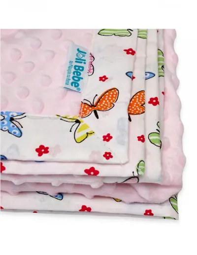 Paturica cu 2 fete din plus minky si bumbac 100 x 100 cm model fluturi, roz