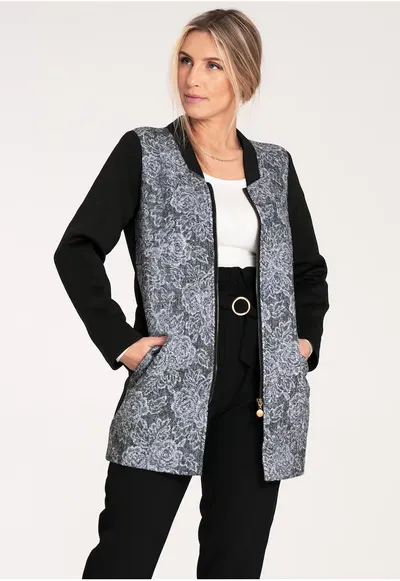 Palton dama M1062 - negru - design modern - guler ridicat - material textil cu motiv floral