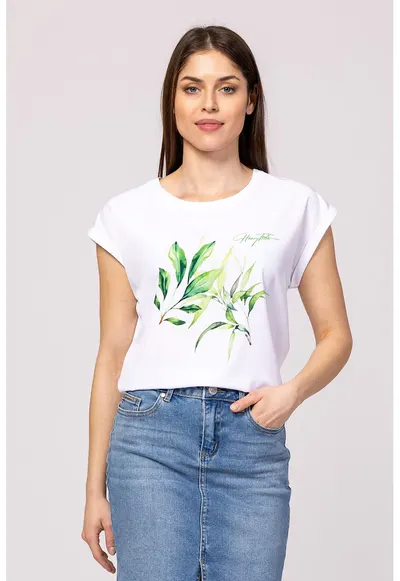Tricou lejer din amestec de modal cu imprimeu Mona - Alb optic/Verde deschis