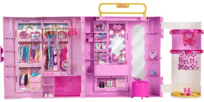 Set de joacă pentru păpuși Barbie Deluxe Style - Dulap cu mecanism, 4 ținute, peste 20 de accesorii