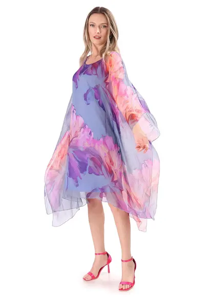 Rochie fluture din voal de matase naturala imprimata cu motive florale RXG-YBU - Albastru deschis