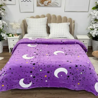 Patura pufoasa cocolino 200x230cm, 240g/mp, Lila, Stelute si Luna