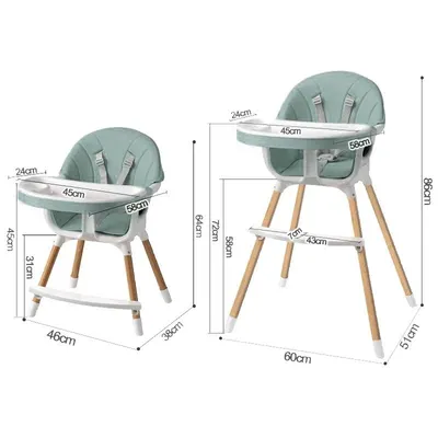 Scaun de masa pentru copii Procart Verde Menta, suport pentru picioare, tavita si husa, centura 5 puncte