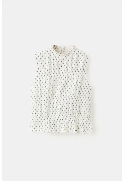Tricou fara maneci cu model cu buline si guler scurt - Alb