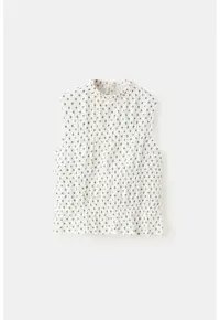 Tricou fara maneci cu model cu buline si guler scurt - Alb