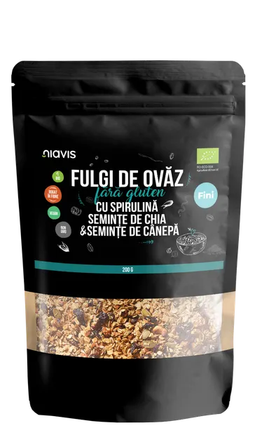 Fulgi de ovaz fini fara gluten cu spirulina, chia si seminte de canepa Eco, 200g, Niavis