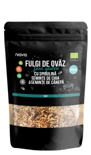 Fulgi de ovaz fini fara gluten cu spirulina, chia si seminte de canepa Eco, 200g, Niavis