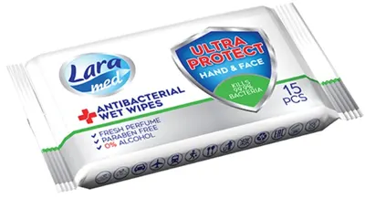 Șervețele umede Lara Med – Antiseptic pentru mâini și față, 15 buc