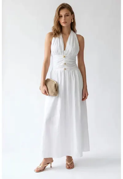 Rochie Maxi - Casual - Guler Halter - Alb - 100% bumbac