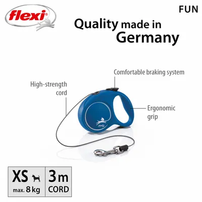 Lesa retractabila Flexi, cu fir, albastra, lungime 3 m, pentru caini cu greutate de pana la 8 kg