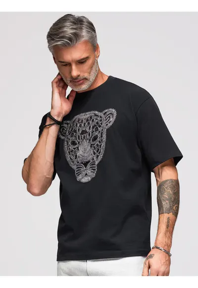 Tricou barbati loose fit cu motiv pantera si decolteu rotund OM-TSCT-0278 - Negru