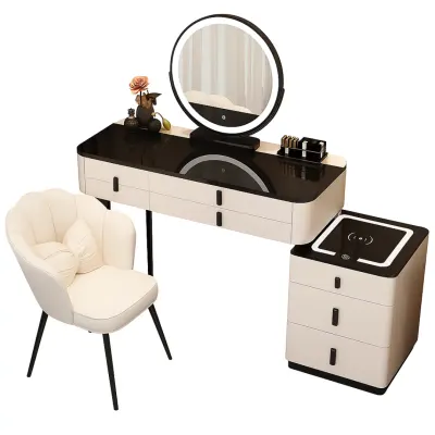 Măsuță de machiaj MARIPOSA smart – cu oglindă rotundă LED și blat din sticlă securizată 100x40x120 cm