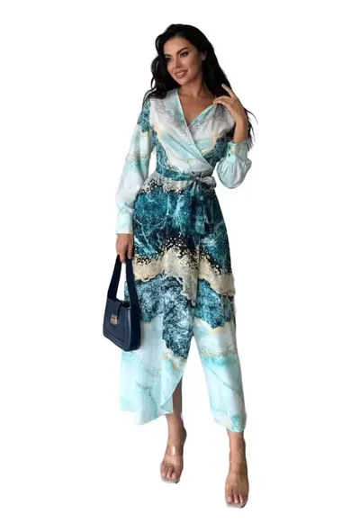 Rochie Maxi - imprimeu abstract - detaliu cordon - verde - poliester/lycra