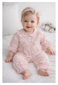 Salopeta bebe fetita muselina roz eleganta dantela botez bentita inclusa