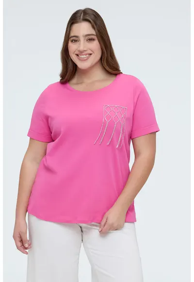Tricou de bumbac cu detaliu din strasuri - Fucsia