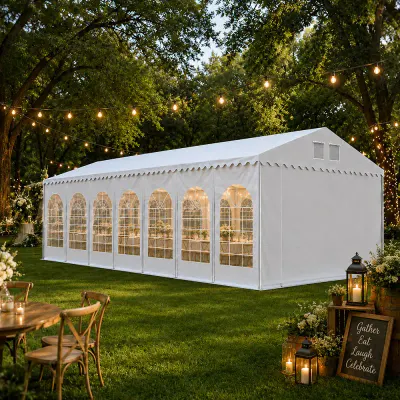 Cort evenimente 6x14x3.7 m, PVC ignifugat, cadru otel galvanizat, 84 mp, alb
