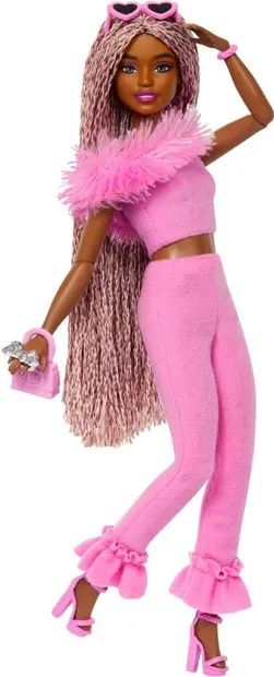 Păpuşă Barbie Deluxe Style -Cu părul împletit roz și o ținută roz
