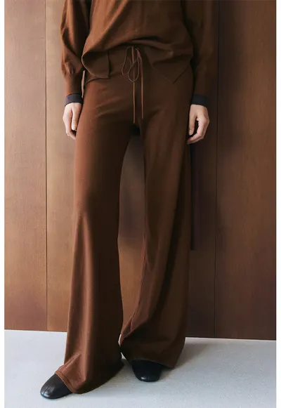 Pantaloni ampli din amestec de lana cu talie ajustabila - Maro