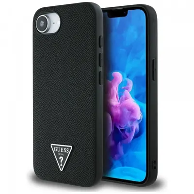 Husa MagSafe pentru Apple iPhone 17e / 16e, Guess, Grained Triangle Logo, Neagra