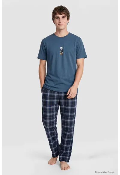Pijama din bumbac cu imprimeu - Albastru cobalt/Bleumarin