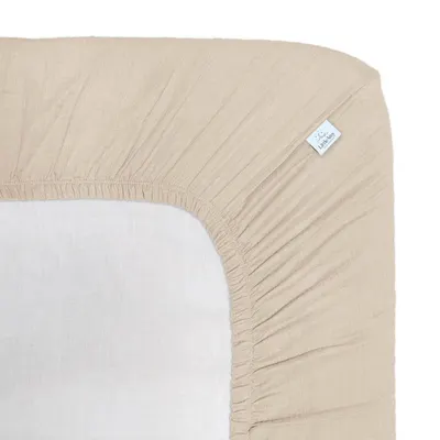 Cearceaf muselina organica, cu elastic, Little Amy, Bej deschis, 90 x 180 cm