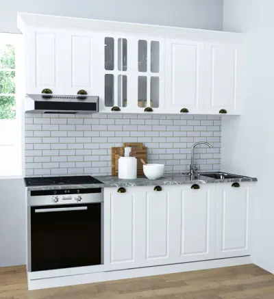 Set bucatarie SQUARE 200 cm, 6 corpuri, corp cuptor, blat termorezistent, fronturi MDF, alb rustic
