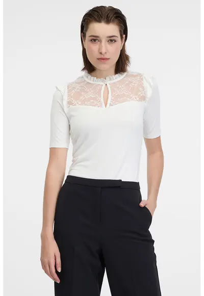 Bluza cu maneci scurte si segment de dantela - Alb