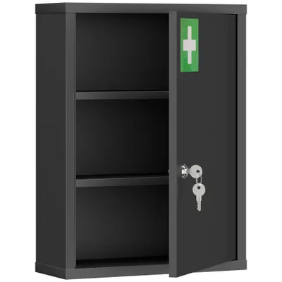 kleankin Dulap pentru medicamente pentru montare pe perete cu încuietoare, dulap de perete din oțel în 3 trepte, 40 x 15 x 53,5 cm, negru | Aosom Romania