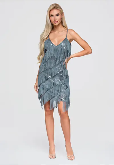 Rochie mini cu decolteu in V cu franjuri si paiete LA-OM-DLR404 - Gri