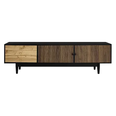 Comodă TV cu 2 uși și 3 sertare, panouri ale ușilor cu model unic în valuri, 180x38x50 cm, Culoare naturală
