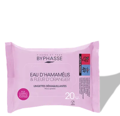 Servetele demachiante cu Apa de Hamamelis & Floare de portocal pentru ten gras, 20 bucati, Byphasse