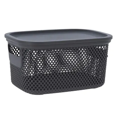 Coș depozitare cu capac din plastic perforat, Storage Solutions, gri