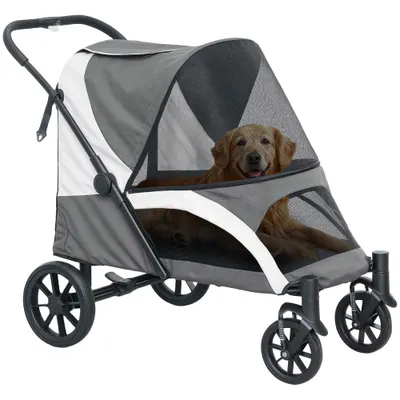 PawHut Carucior pentru câini, Carucior pliabil pentru câini mari, Carucior pentru animale de companie cu 4 roți, Liniile de siguranță, Frâne, Gri întunecat | Aosom Romania