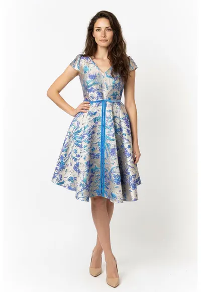 Rochie midi din brocart Carla - Albastru/Bej deschis