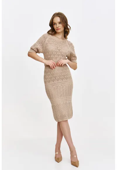 Fusta midi cu design perforat - Maro nisip