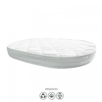 Patut oval pentru copii 90140x70cm LD14 Bej din lemn masiv de fag, 0-4 ani, kit extensie 140x70cm inclus, saltea inclusa, inaltimea saltelei reglabila