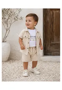 Set bebe baiat 3 piese din muselina - Bej