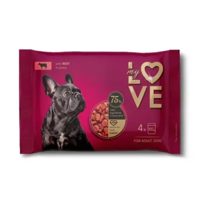 MY LOVE, XS-XL, Vită, plic hrană umedă câini, (în sos), multipack, 100g x 4buc