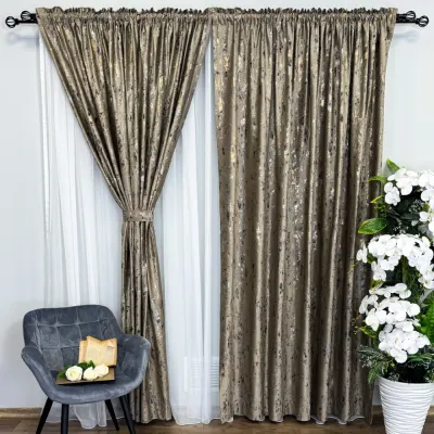 Draperie Catifea CRETA cu insertii aurii, 140cm latime x 260cm inaltime, cu TIV LAT, Cappuccino - NEW 6