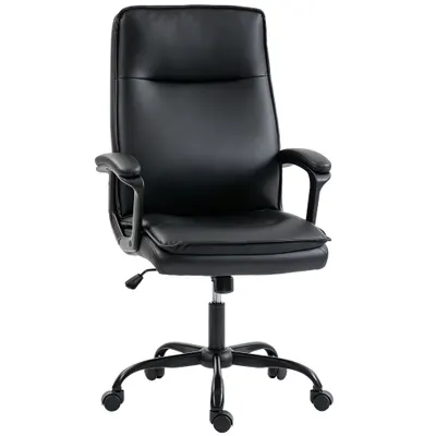 HOMCOM Scaun de Birou Rotativ din Piele PU, Funcție Legănare, Spătar Înalt, Reglabil pe Înălțime, Suportă 120 kg, Negru | Aosom Romania