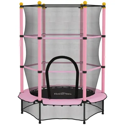 HOMCOM Trambolină Elastică pentru Copii 3-10 Ani cu Plasă de Siguranță și Țevi Capitonate, Ø140x190 cm, Roz | Aosom Romania