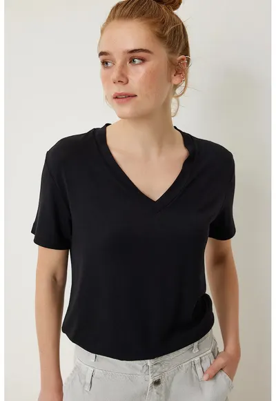 Tricouri dama - Happiness Istanbul - tricou simplu - decolteu in V - negru - viscoza-elastan