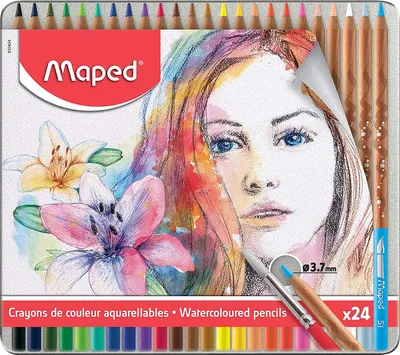 Creioane acuarele Maped Water Artist - 24 culori, in cutie metalica