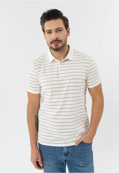 Tricou polo barbati cu dungi din bumbac - Regular Fit - O-Lantiano - crem - Crem